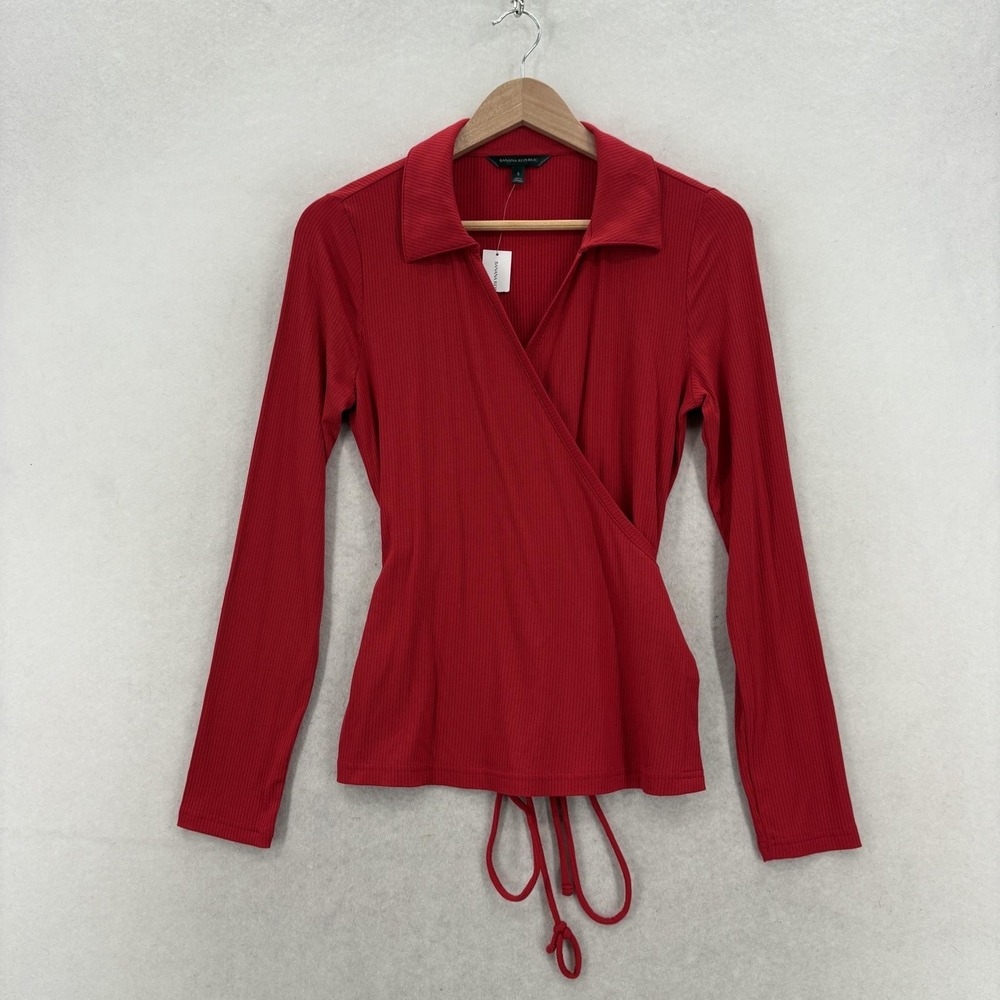 Banana Republic Shirt Womens Small Red Wrap Tie Collared Ribbed Jersey Chic NWT